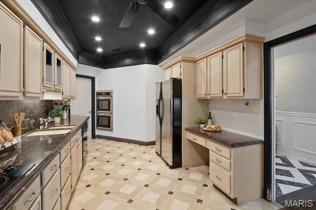 561 Sarah Ln Unit 305, Saint Louis, MO 63141 - kitchen with fridge with ice dispenser, black electric cooktop, a sink, double oven, and light brown cabinets