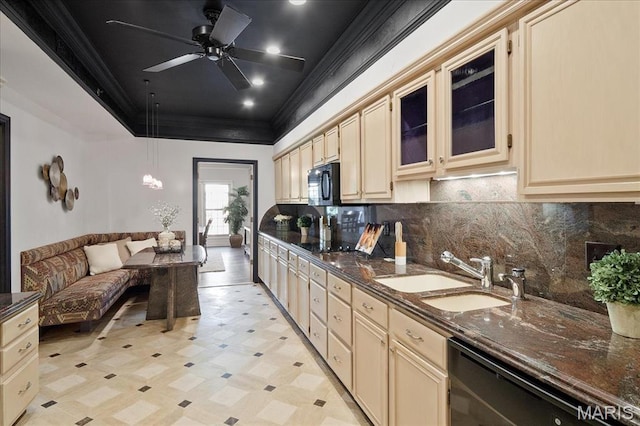 561 Sarah Ln Unit 305, Saint Louis, MO 63141 - kitchen featuring a sink, black appliances, ornamental molding, light floors, and a ceiling fan