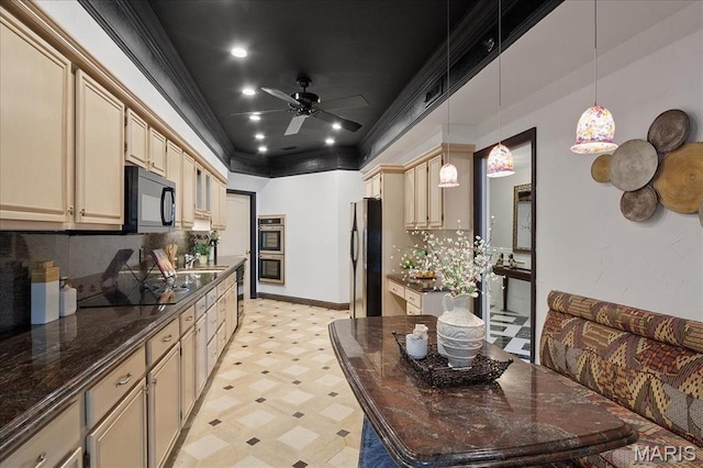 561 Sarah Ln Unit 305, Saint Louis, MO 63141 - kitchen featuring black appliances, backsplash, light flooring, cream cabinetry, and a ceiling fan