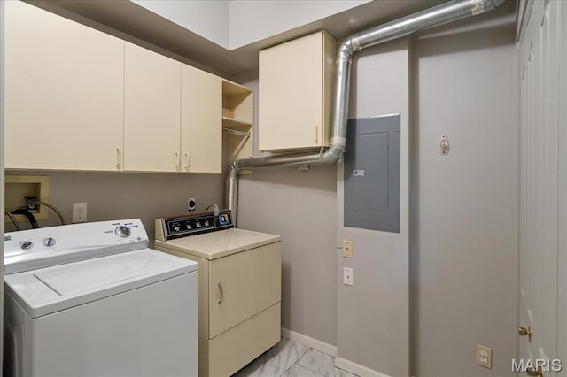 561 Sarah Ln Unit 305, Saint Louis, MO 63141 - laundry area with electric panel, cabinet space, washing machine and clothes dryer, light marble finish flooring, and baseboards