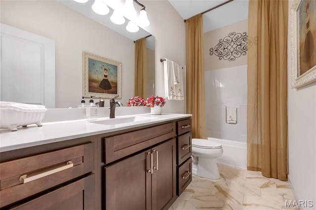 2 Wyndemere Ct, Lake St Louis, MO 63367 - full bath with vanity, toilet, shower / tub combo, and marble finish flooring