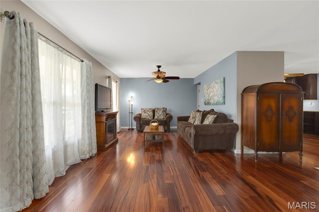 944 Millwood Dr, Saint Peters, MO 63376 - living room featuring ceiling fan and dark wood-style floors