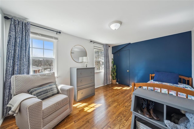 bedroom featuring multiple windows, wood finished floors, and baseboards