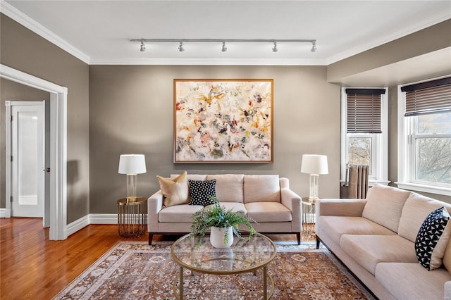 living area featuring wood finished floors, track lighting, and baseboards