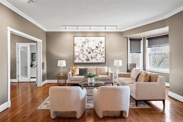 living area featuring rail lighting, baseboards, wood-type flooring, and ornamental molding