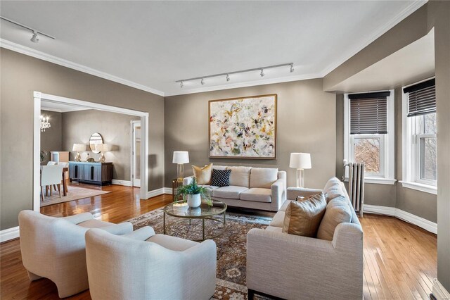 living room with rail lighting, wood-type flooring, a chandelier, baseboards, and ornamental molding
