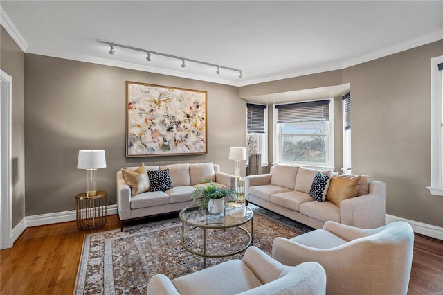 living room with track lighting, wood finished floors, baseboards, and crown molding