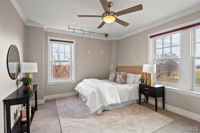 625 S Skinker Blvd Unit 602, Saint Louis, MO 63105 - carpeted bedroom featuring rail lighting, crown molding, and ceiling fan