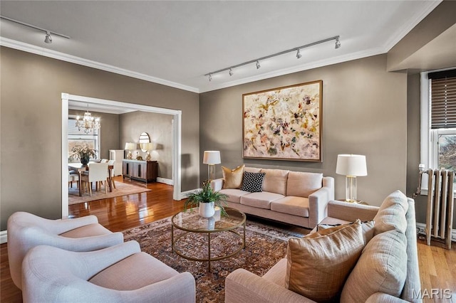 625 S Skinker Blvd Unit 602, Saint Louis, MO 63105 - living room with track lighting, a chandelier, wood finished floors, ornamental molding, and healthy amount of natural light