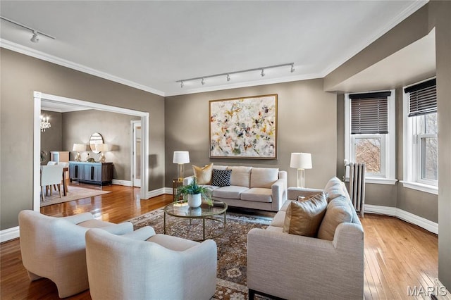 625 S Skinker Blvd Unit 602, Saint Louis, MO 63105 - living area featuring track lighting, hardwood / wood-style flooring, a chandelier, and crown molding