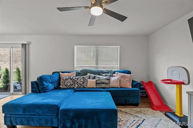757 Fox Creek Dr, Fenton, MO 63026 - living room featuring a ceiling fan and wood finished floors