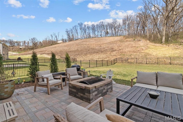 757 Fox Creek Dr, Fenton, MO 63026 - fenced backyard with an outdoor living space with a fire pit and a patio area