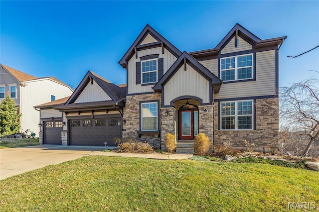 206 Willow Park Ct, Wentzville, MO 63385 - craftsman-style home featuring stone siding, board and batten siding, and a front lawn