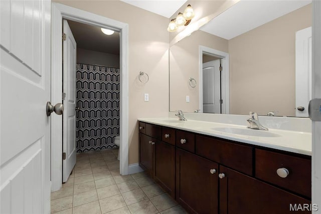 206 Willow Park Ct, Wentzville, MO 63385 - bathroom with tile patterned floors, double vanity, toilet, and curtained shower