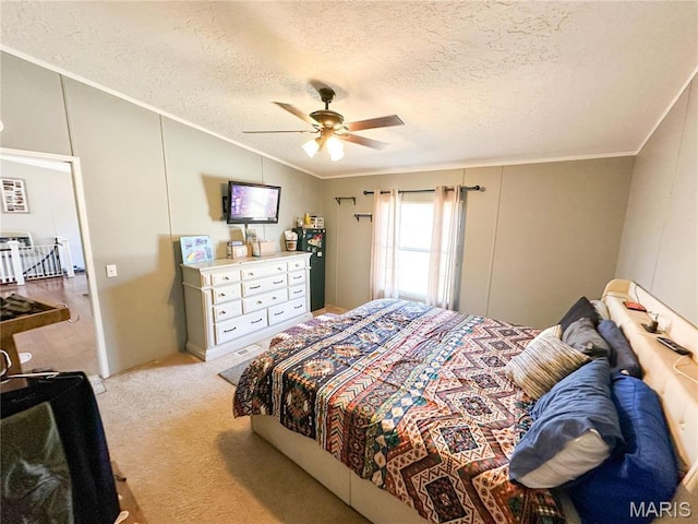 405 County Road 5015, Salem, MO 65560 - bedroom featuring ornamental molding, a textured ceiling, light colored carpet, lofted ceiling, and a ceiling fan