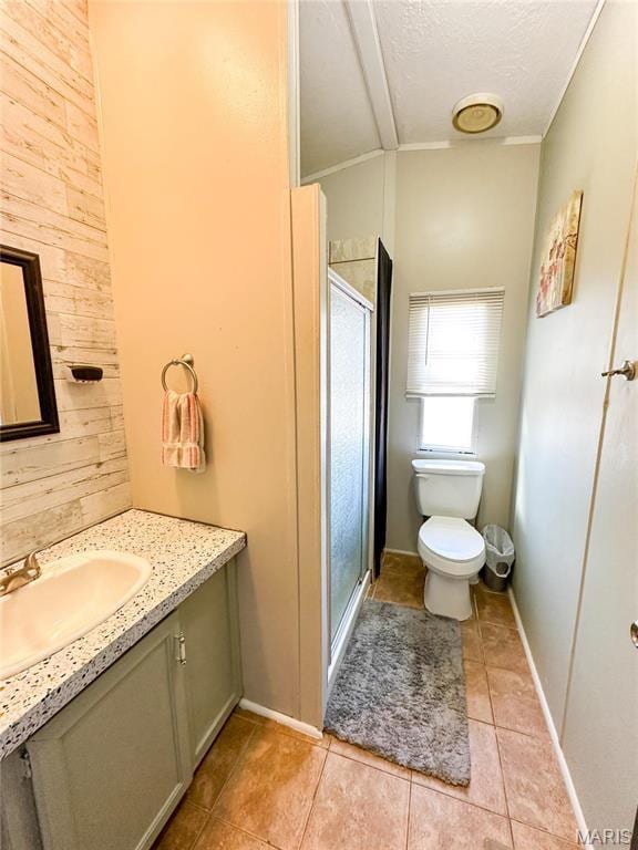 405 County Road 5015, Salem, MO 65560 - full bathroom with toilet, vanity, a shower stall, tile patterned flooring, and a textured ceiling