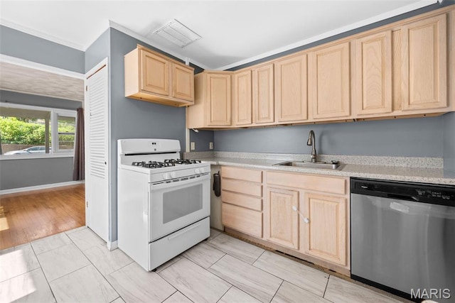 6541 SW Ave, Saint Louis, MO 63139 - kitchen featuring stainless steel dishwasher, white gas stove, light brown cabinets, and light countertops