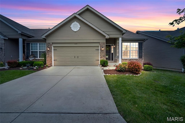 5374 Trailhead Ct, Eureka, MO 63025 - ranch-style house with a garage, concrete driveway, a yard, and brick siding