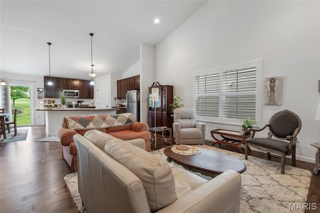 5374 Trailhead Ct, Eureka, MO 63025 - living room featuring high vaulted ceiling, dark wood-type flooring, and baseboards