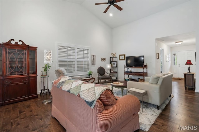 5374 Trailhead Ct, Eureka, MO 63025 - living room with high vaulted ceiling, ceiling fan, and dark wood finished floors