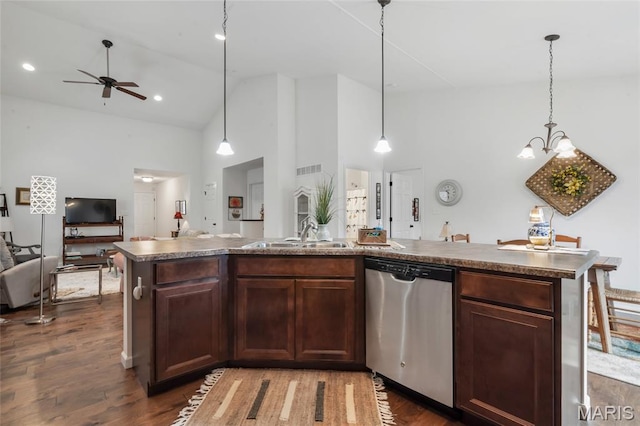 5374 Trailhead Ct, Eureka, MO 63025 - kitchen featuring dishwasher, open floor plan, a sink, high vaulted ceiling, and a ceiling fan