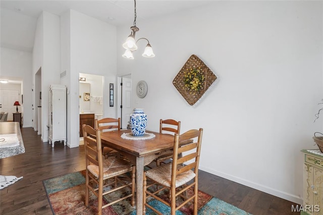 5374 Trailhead Ct, Eureka, MO 63025 - dining area featuring high vaulted ceiling, baseboards, a chandelier, and dark wood-style floors