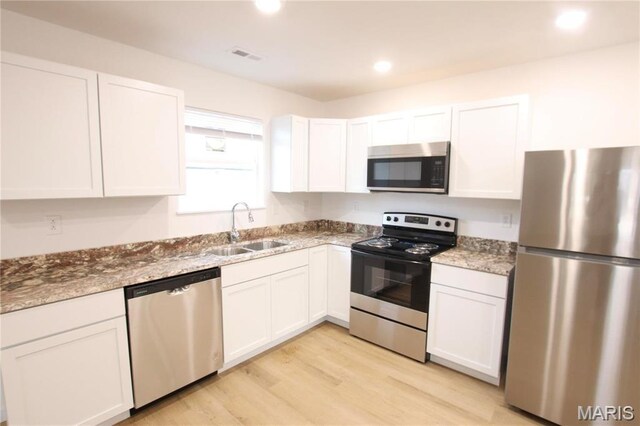 0 Modern St, Sullivan, MO 63080 - kitchen with appliances with stainless steel finishes, a sink, white cabinetry, stone counters, and recessed lighting