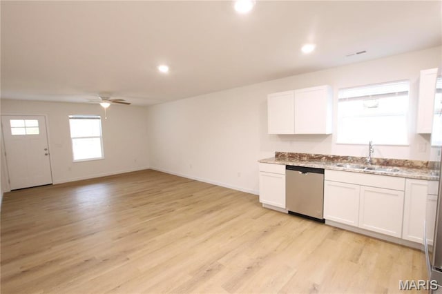 0 Modern St, Sullivan, MO 63080 - kitchen with dishwasher, a sink, a ceiling fan, white cabinetry, and light wood finished floors