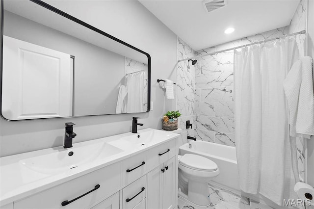 86 Heather View Dr, Chesterfield, MO 63017 - bathroom with double vanity, marble finish floors, toilet, shower / bath combo, and recessed lighting