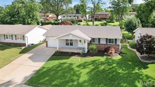438 Rockview Dr, Saint Louis, MO 63129 - ranch-style home with concrete driveway, a residential view, brick siding, and an attached garage