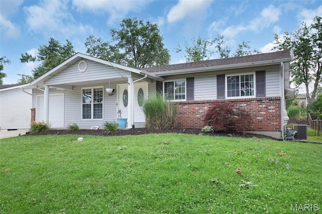 438 Rockview Dr, Saint Louis, MO 63129 - ranch-style house with a front lawn, brick siding, an attached garage, and covered porch