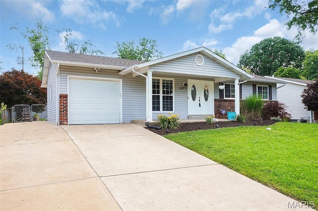 438 Rockview Dr, Saint Louis, MO 63129 - ranch-style house featuring a porch, driveway, an attached garage, a front lawn, and brick siding
