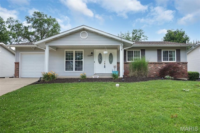 438 Rockview Dr, Saint Louis, MO 63129 - ranch-style home featuring a garage, concrete driveway, brick siding, and a front lawn