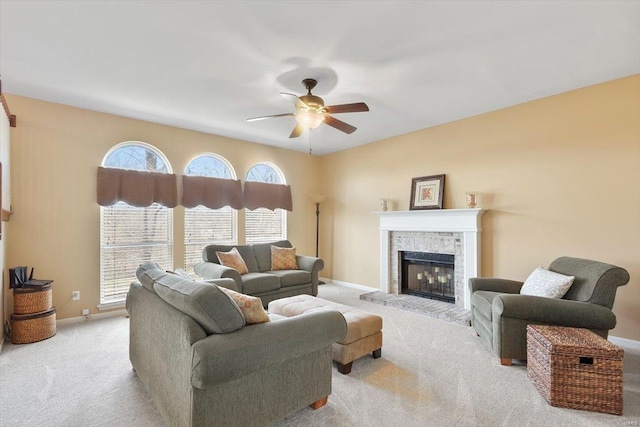 775 Vista Glen Ct, Eureka, MO 63025 - living area with carpet flooring, ceiling fan, a tile fireplace, and baseboards