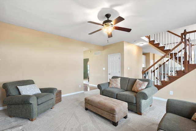 775 Vista Glen Ct, Eureka, MO 63025 - carpeted living area featuring a ceiling fan, baseboards, and stairway