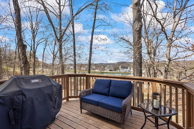 775 Vista Glen Ct, Eureka, MO 63025 - wooden terrace with a grill, a water view, and outdoor lounge area