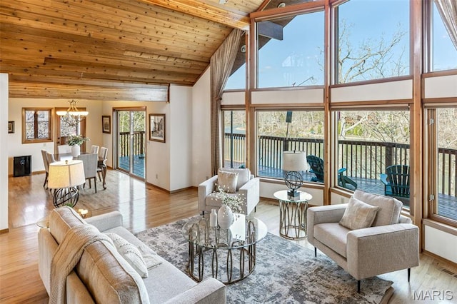 2208 N Konstanz Dr, Innsbrook, MO 63390 - living room featuring high vaulted ceiling, wood finished floors, wood ceiling, baseboards, and a chandelier