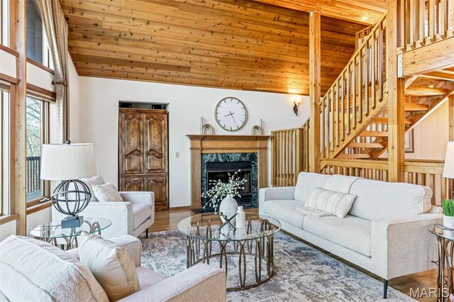 2208 N Konstanz Dr, Innsbrook, MO 63390 - living area featuring high vaulted ceiling, stairs, wood finished floors, wooden ceiling, and a premium fireplace