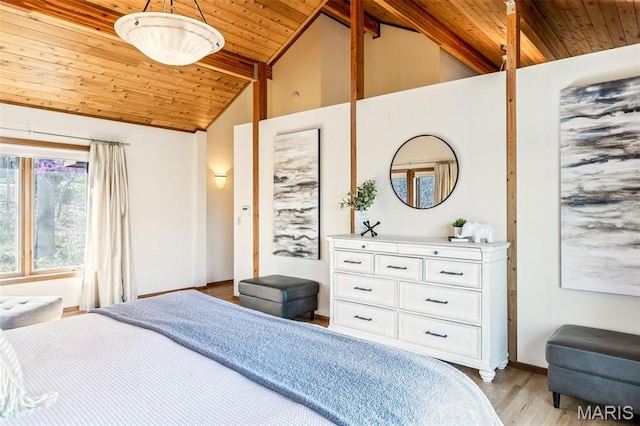 2208 N Konstanz Dr, Innsbrook, MO 63390 - bedroom with wooden ceiling, beamed ceiling, light wood finished floors, baseboards, and high vaulted ceiling