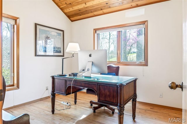 2208 N Konstanz Dr, Innsbrook, MO 63390 - home office featuring plenty of natural light, wood finished floors, lofted ceiling, wooden ceiling, and baseboards