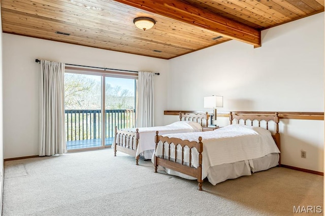 2208 N Konstanz Dr, Innsbrook, MO 63390 - carpeted bedroom with wooden ceiling, access to outside, beam ceiling, and baseboards