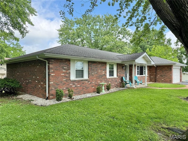 single story home with brick siding, a front lawn, roof with shingles, and a garage