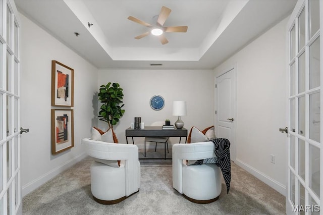 842 N New Ballas Ct Unit 303, Saint Louis, MO 63141 - office with french doors, a tray ceiling, a ceiling fan, and baseboards