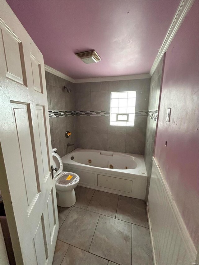 3804 Melba Pl, Saint Louis, MO 63121 - bathroom with toilet, tile patterned floors, a combined bath / shower with jetted tub, and ornamental molding
