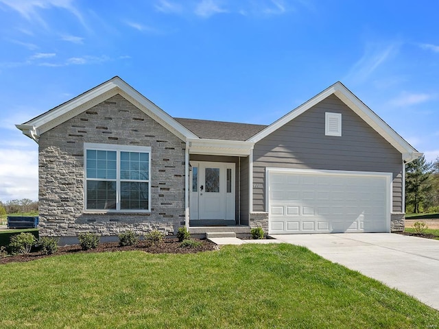 1028 Red Fox Dr, Eureka, MO 63025 - ranch-style house with stone siding, concrete driveway, an attached garage, and a front yard