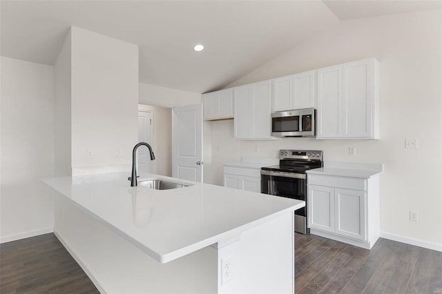 1028 Red Fox Dr, Eureka, MO 63025 - kitchen with appliances with stainless steel finishes, a sink, dark wood-style flooring, vaulted ceiling, and a peninsula