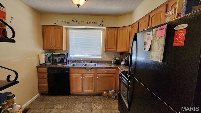 1147 Rue La Chelle Unit 1147, Creve Coeur, MO 63141 - kitchen with black appliances, a sink, dark countertops, a textured ceiling, and brown cabinets