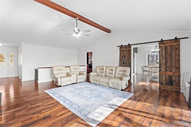 19120 Hawk Mountain Rd, Wildwood, MO 63038 - living room with a barn door, wood finished floors, ceiling fan, and crown molding