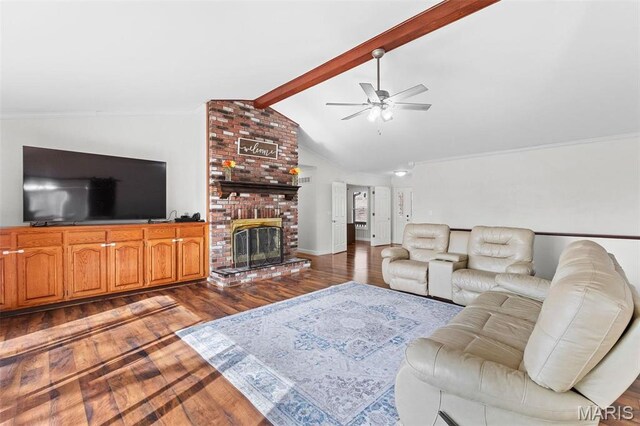 19120 Hawk Mountain Rd, Wildwood, MO 63038 - living area featuring dark wood-style flooring, a ceiling fan, and a brick fireplace