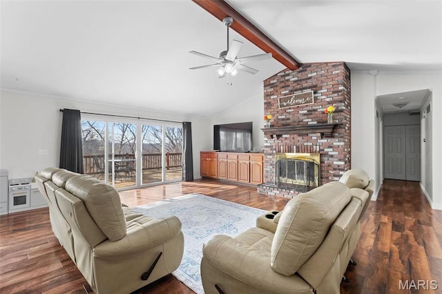 19120 Hawk Mountain Rd, Wildwood, MO 63038 - living area with a ceiling fan, wood finished floors, a fireplace, and crown molding